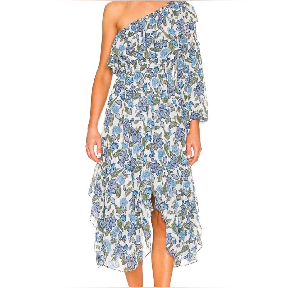 Misa Los Angeles Asymmetrical Floral Dress in Blue and White Size XSmall